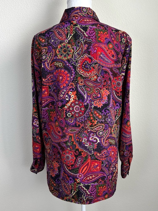Vintage Paisley Button Shirt Women Medium Purple Red Retro Boho 90s Blouse - Picture 2 of 10